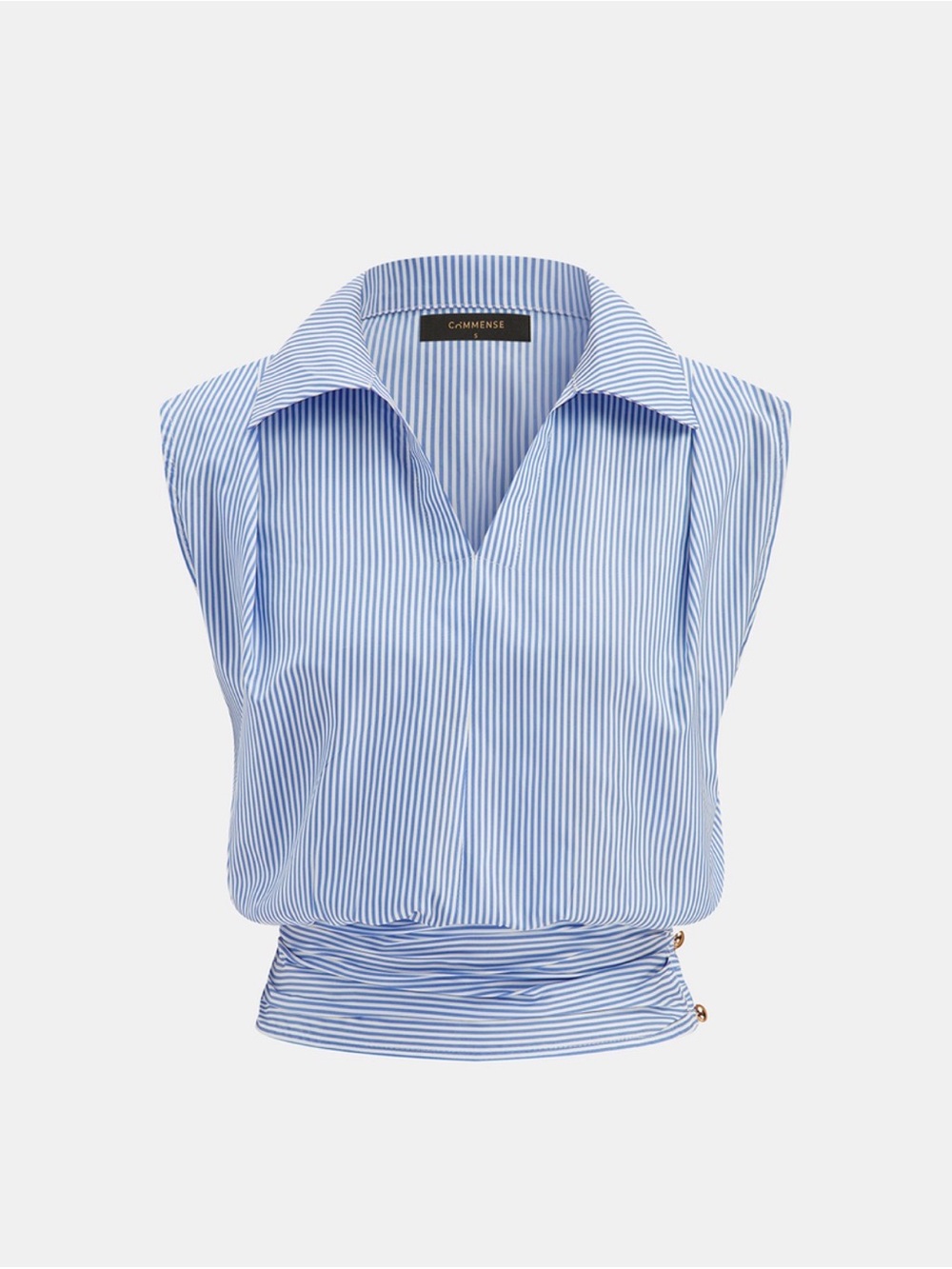Commense Light Blue and White Striped Sleeveless Collared Clinched Blouse